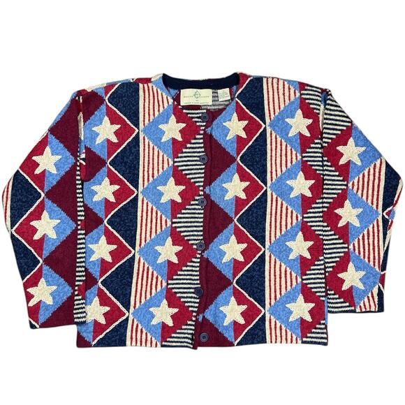 Vintage Design Options Patriotic American Flag Novelty Cardigan Small July 4th - Picture 1 of 5